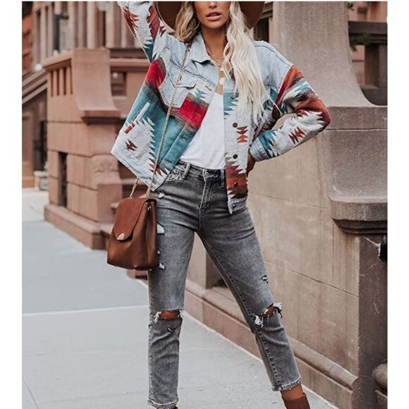 Multicolor‎ Aztec Tribal Print Button Down Denim Jean Jacket Coat Shacket - Picture 4 of 7